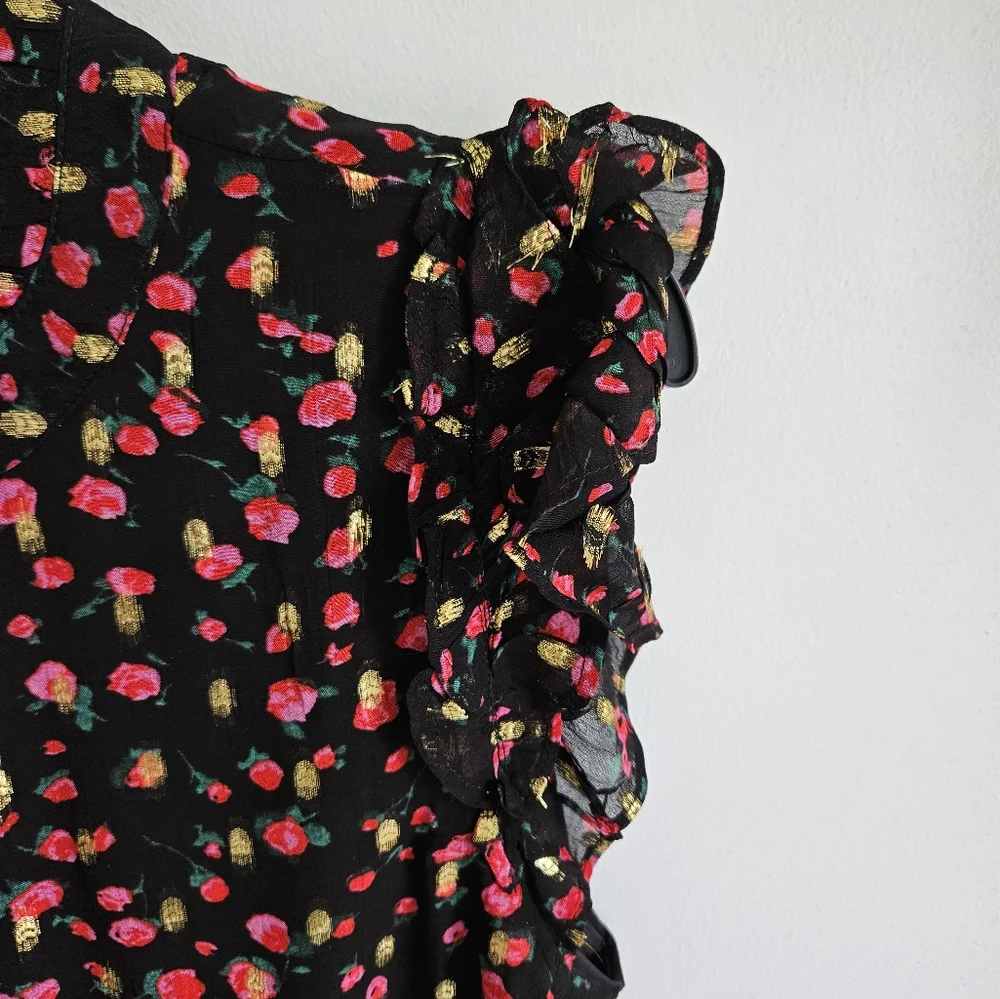 J Crew Black Gold Metallic Sleeveless Blouse Rose Print
